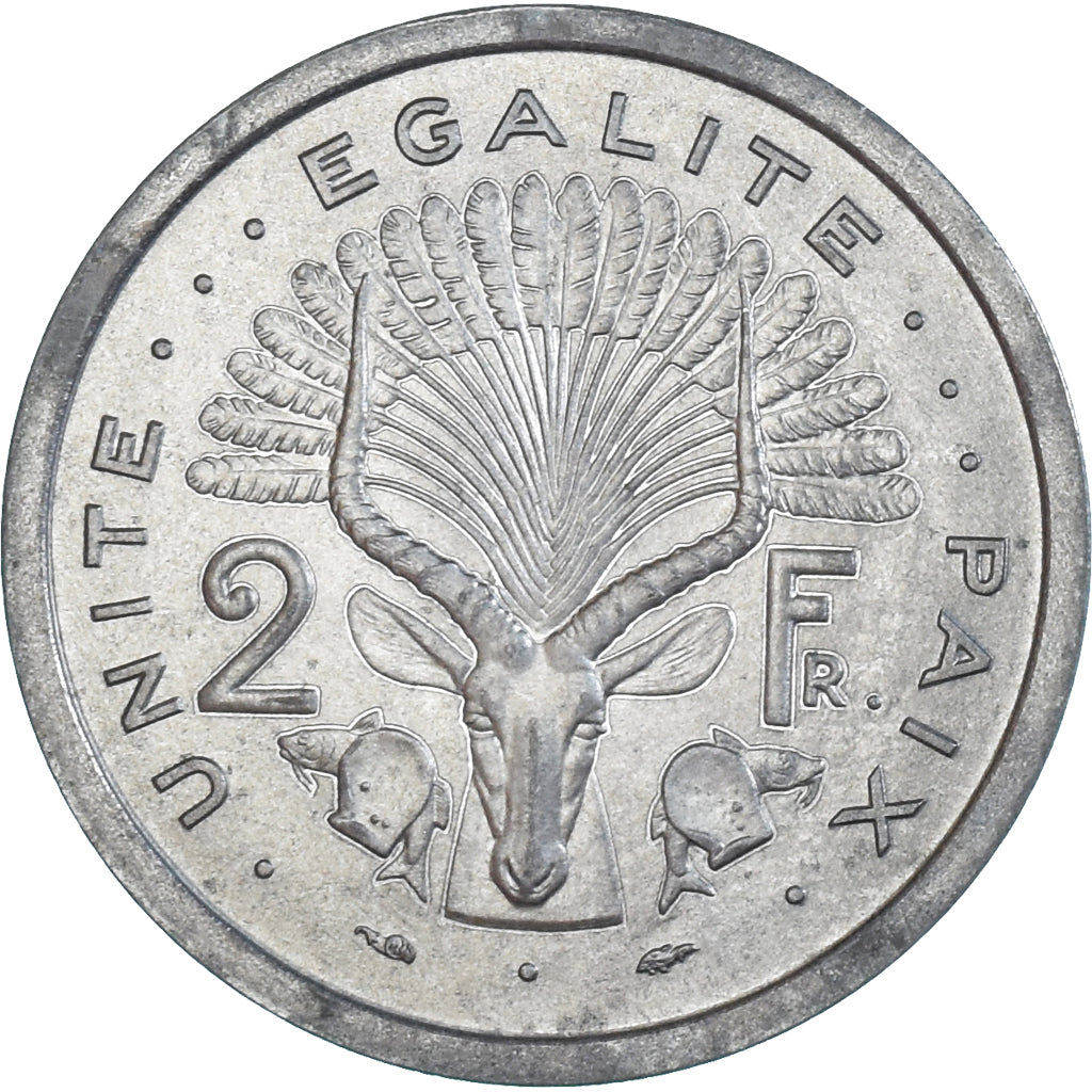 Moeda, Djibuti, 2 Francs, 1977, Monnaie de Paris, ENSAIO, MS(65-70), Alumínio