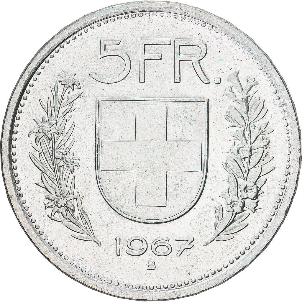 Coin, Switzerland, 5 Francs, 1967, Bern, 2 o'clock legend, AU(50-53), Silver