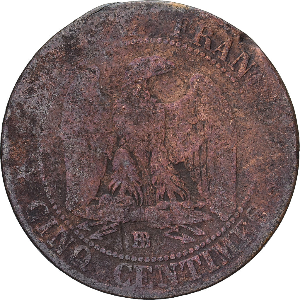 Moneda, Francia, Napoleon III, 5 Centimes, 1854, Strasbourg, BC+, Cobre