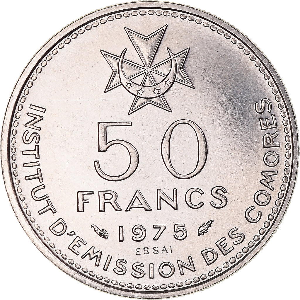 Moeda, Comores, 50 Francs, 1975, Monnaie de Paris, ENSAIO, MS(65-70), Níquel
