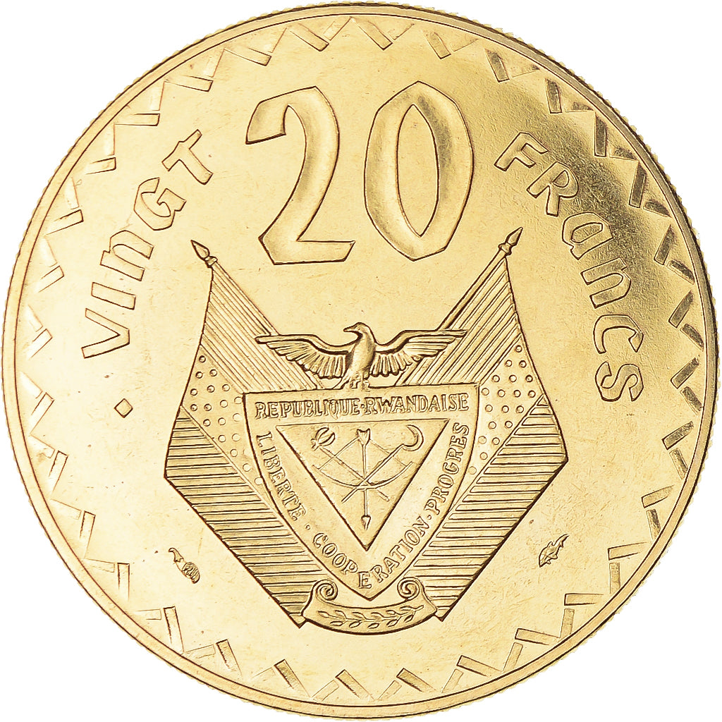 Moneta, Ruanda, 20 Francs, 1977, Monnaie de Paris, PRÓBA, MS(65-70), Mosiądz
