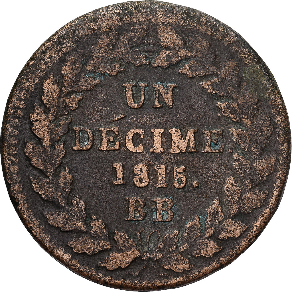 Moeda, França, Louis XVIII, Decime, 1815, Strasbourg, EF(40-45), Bronze