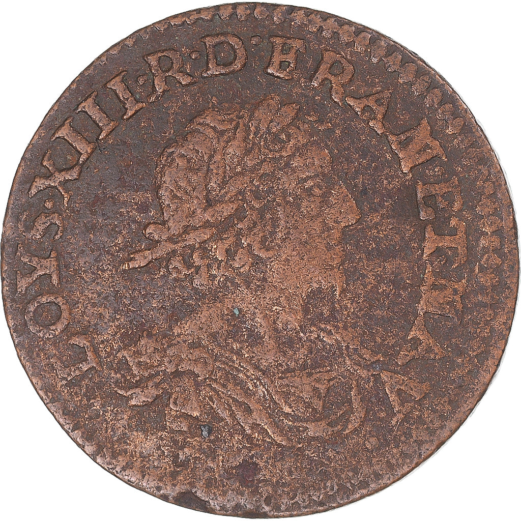 Moneta, Francia, Louis XIII, Double Tournois, 1637, MB+, Rame, Gadoury:11
