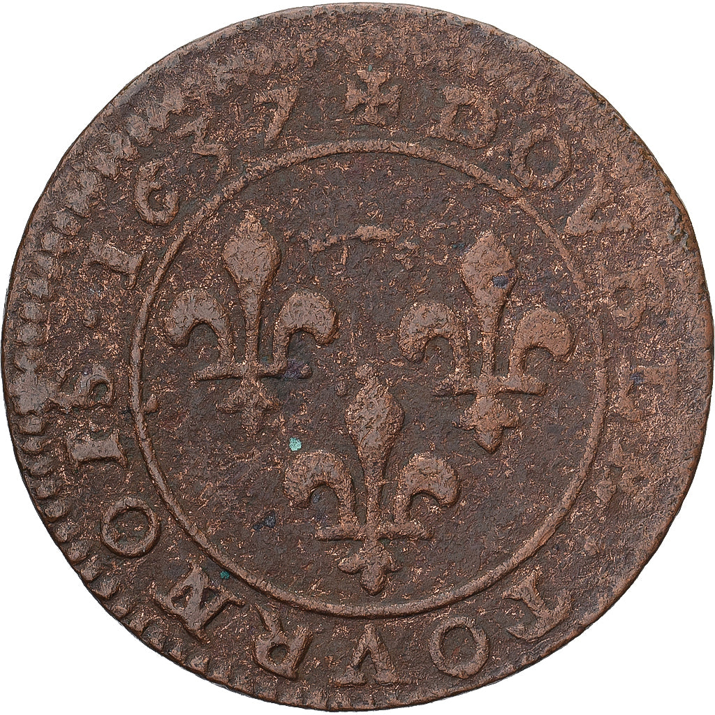 Monnaie, France, Louis XIII, Double Tournois, 1637, TB+, Cuivre, Gadoury:11