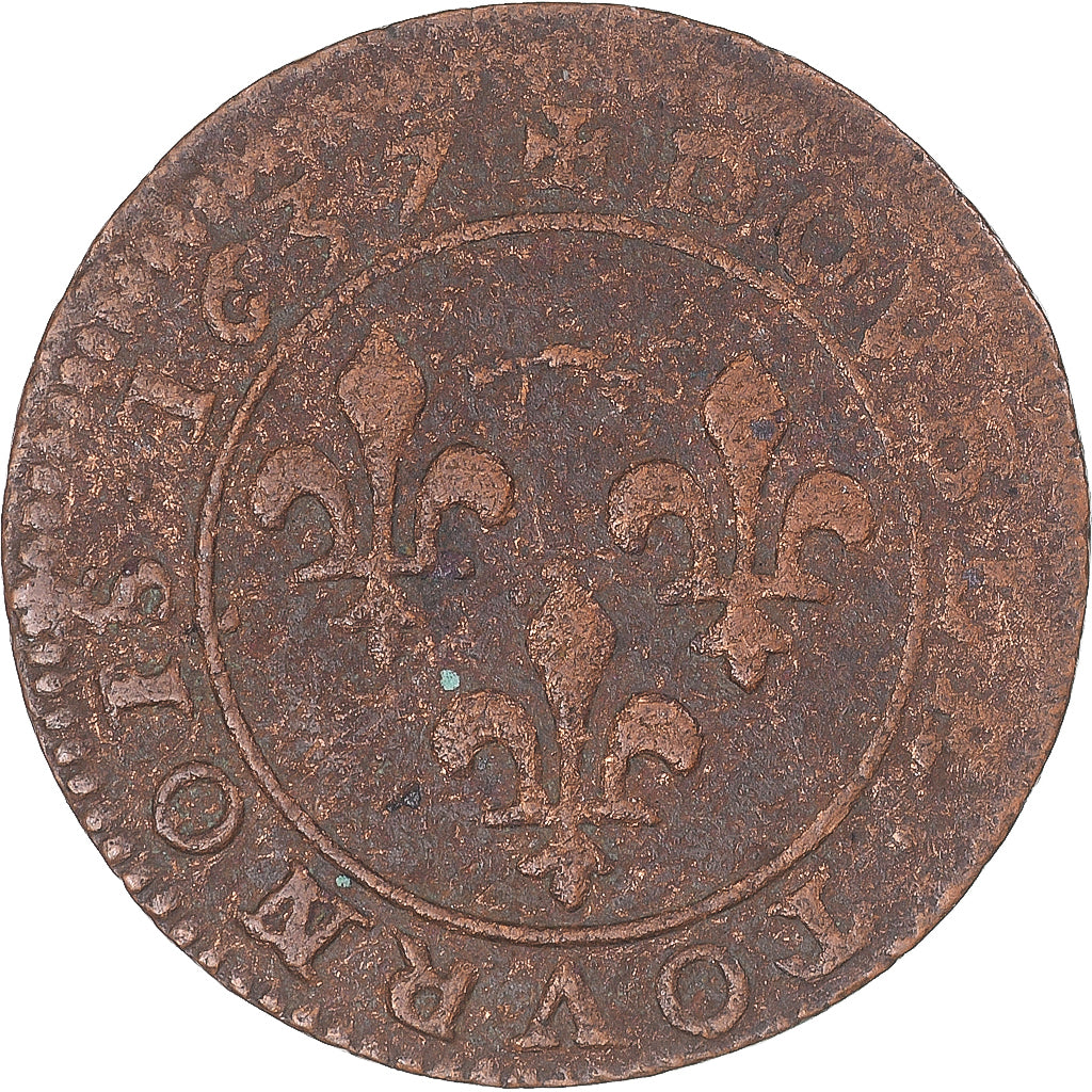 Moneta, Francia, Louis XIII, Double Tournois, 1637, MB+, Rame, Gadoury:11