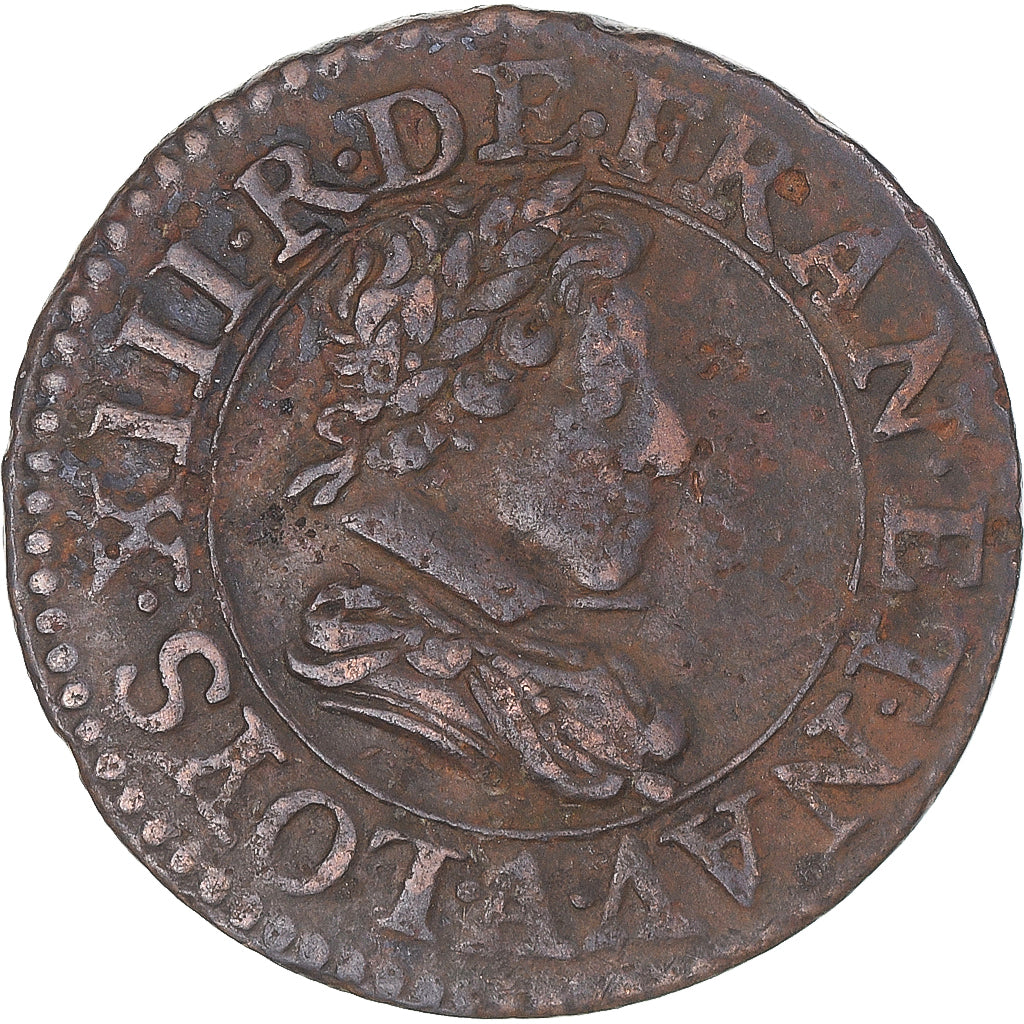 Moeda, França, Louis XIII, Double Tournois, 1621, Paris, VF(30-35), Cobre