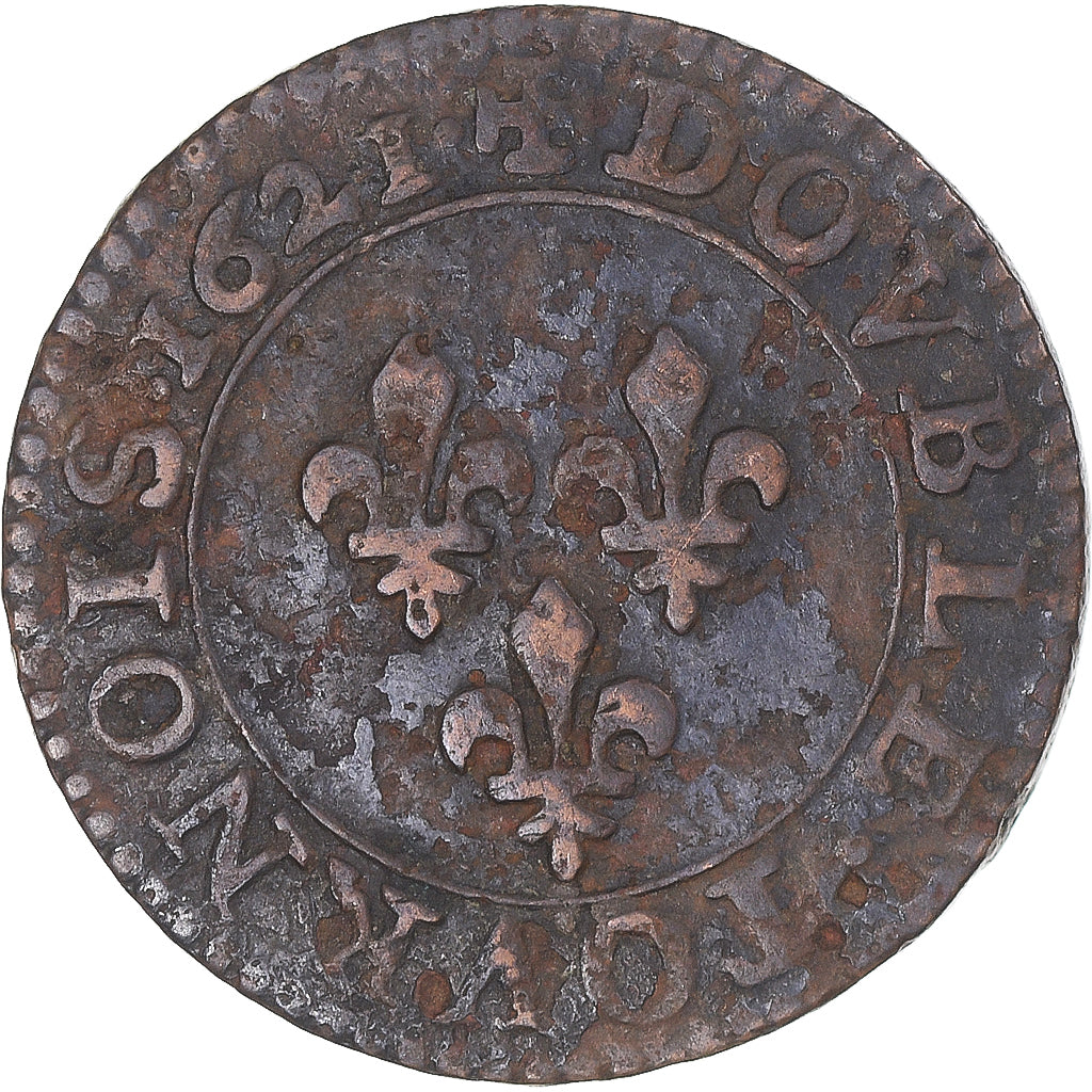 Moeda, França, Louis XIII, Double Tournois, 1621, Paris, VF(30-35), Cobre
