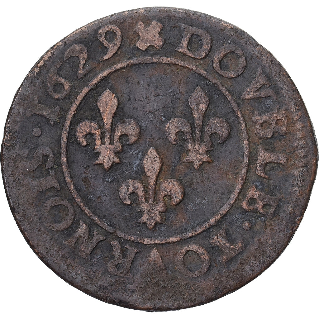 Monnaie, France, Louis XIII, Double Tournois, 1629, Lyon, TTB, Cuivre
