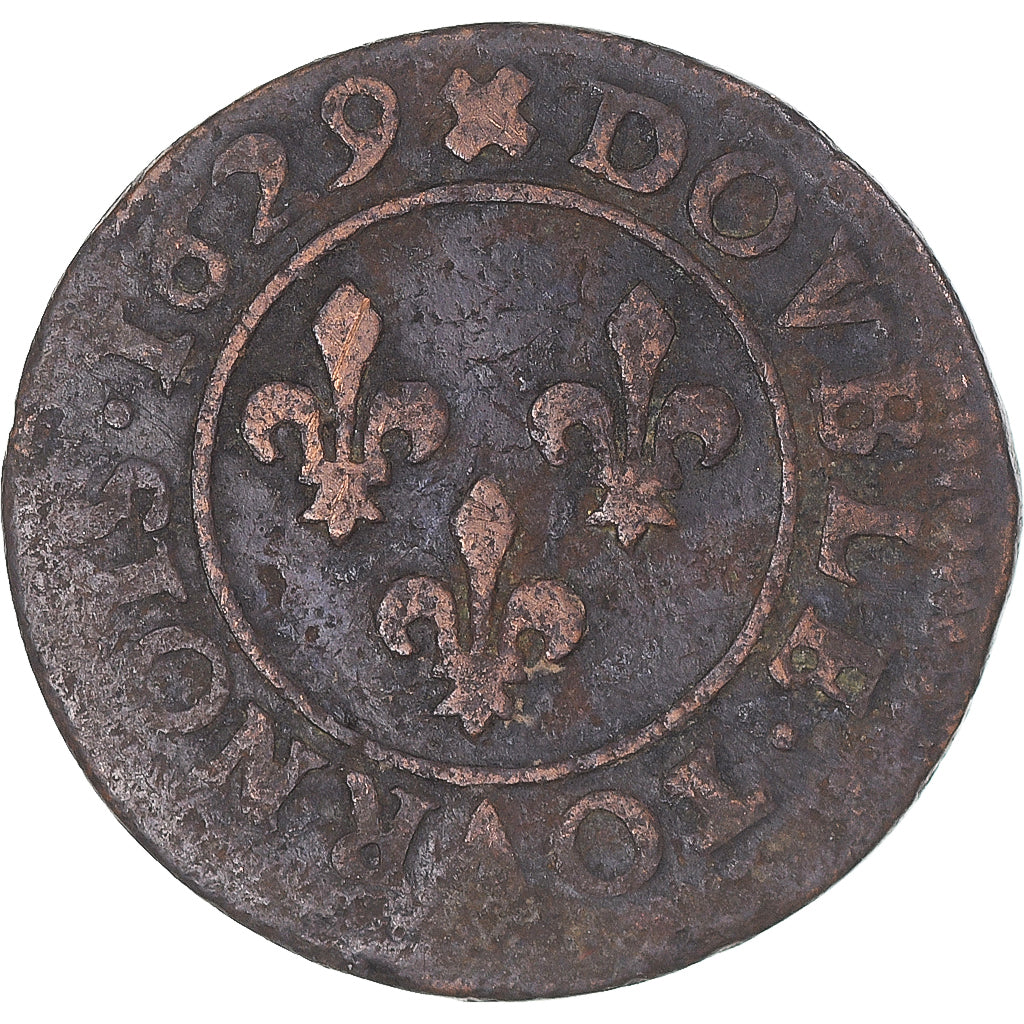 Moneta, Francia, Louis XIII, Double Tournois, 1629, Lyon, BB, Rame, KM:61.2