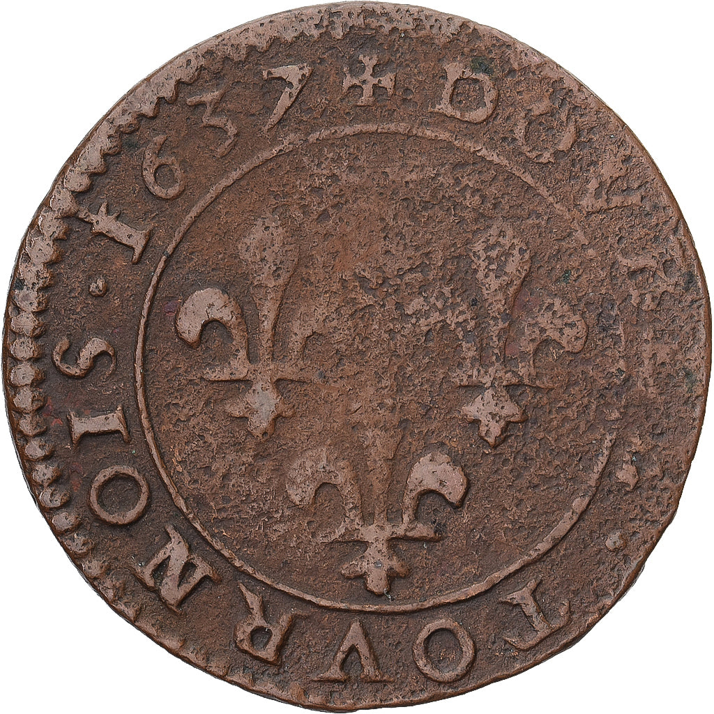 Monnaie, France, Louis XIII, Double Tournois, 1637, TB+, Cuivre, Gadoury:11