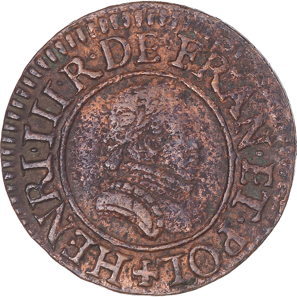 Moneda, Francia, Henri III, Denier Tournois, 1585, Paris, BC+, Cobre