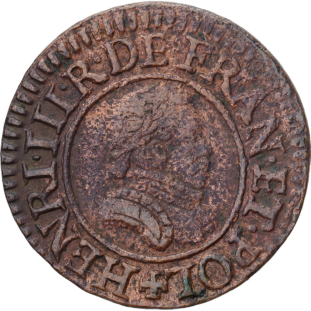 Moneda, Francia, Henri III, Denier Tournois, 1585, Paris, BC+, Cobre