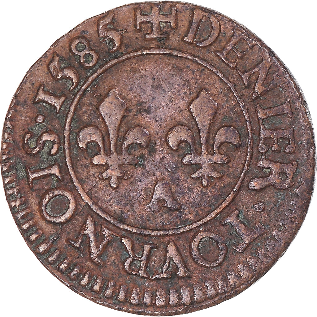 Moneda, Francia, Henri III, Denier Tournois, 1585, Paris, BC+, Cobre