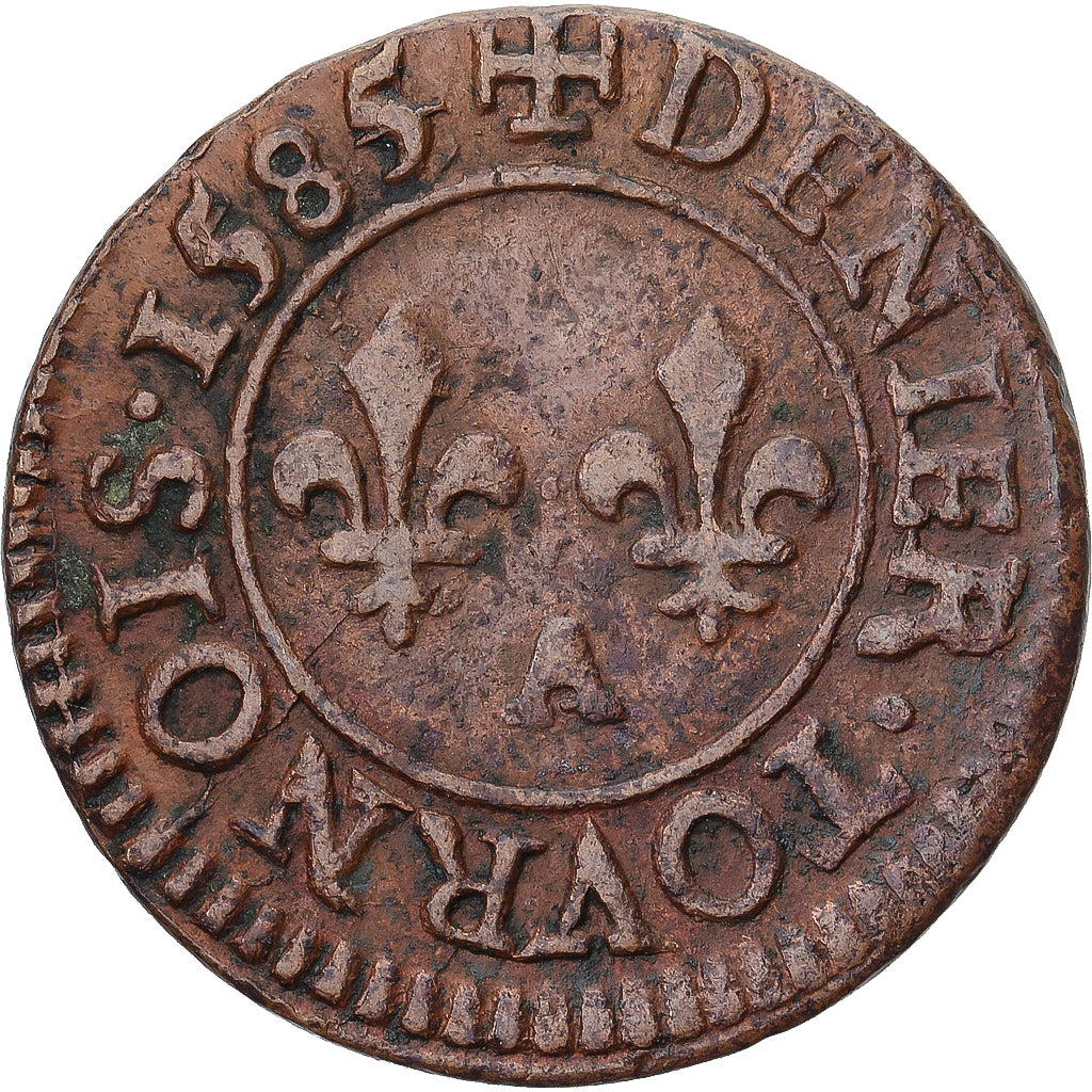 Moneda, Francia, Henri III, Denier Tournois, 1585, Paris, BC+, Cobre