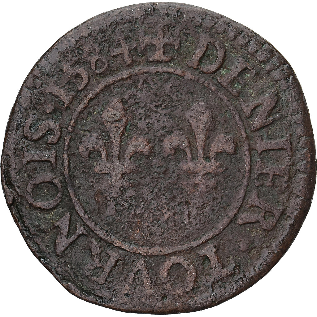 Moneda, Francia, Henri III, Denier Tournois, 1584, BC+, Cobre, Gadoury:450