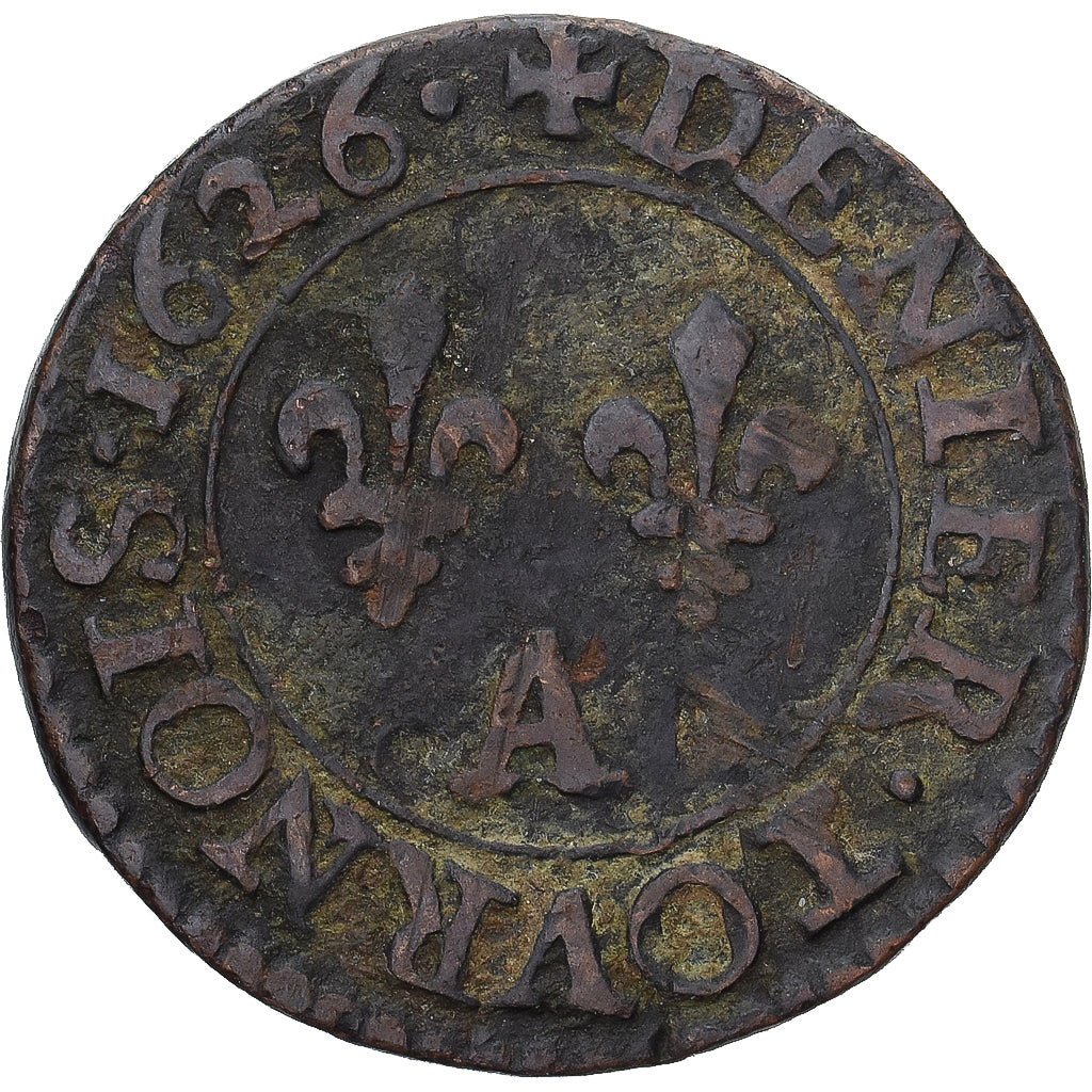 Monnaie, France, Louis XIII, Denier Tournois, 1626, Paris, TB+, Cuivre