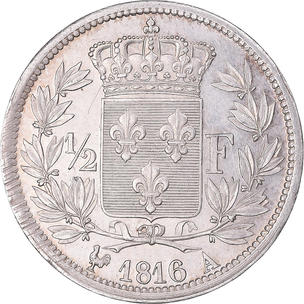 Munten, Frankrijk, Louis XVIII, Louis XVIII, 1/2 Franc, 1816, Paris, PR, Zilver