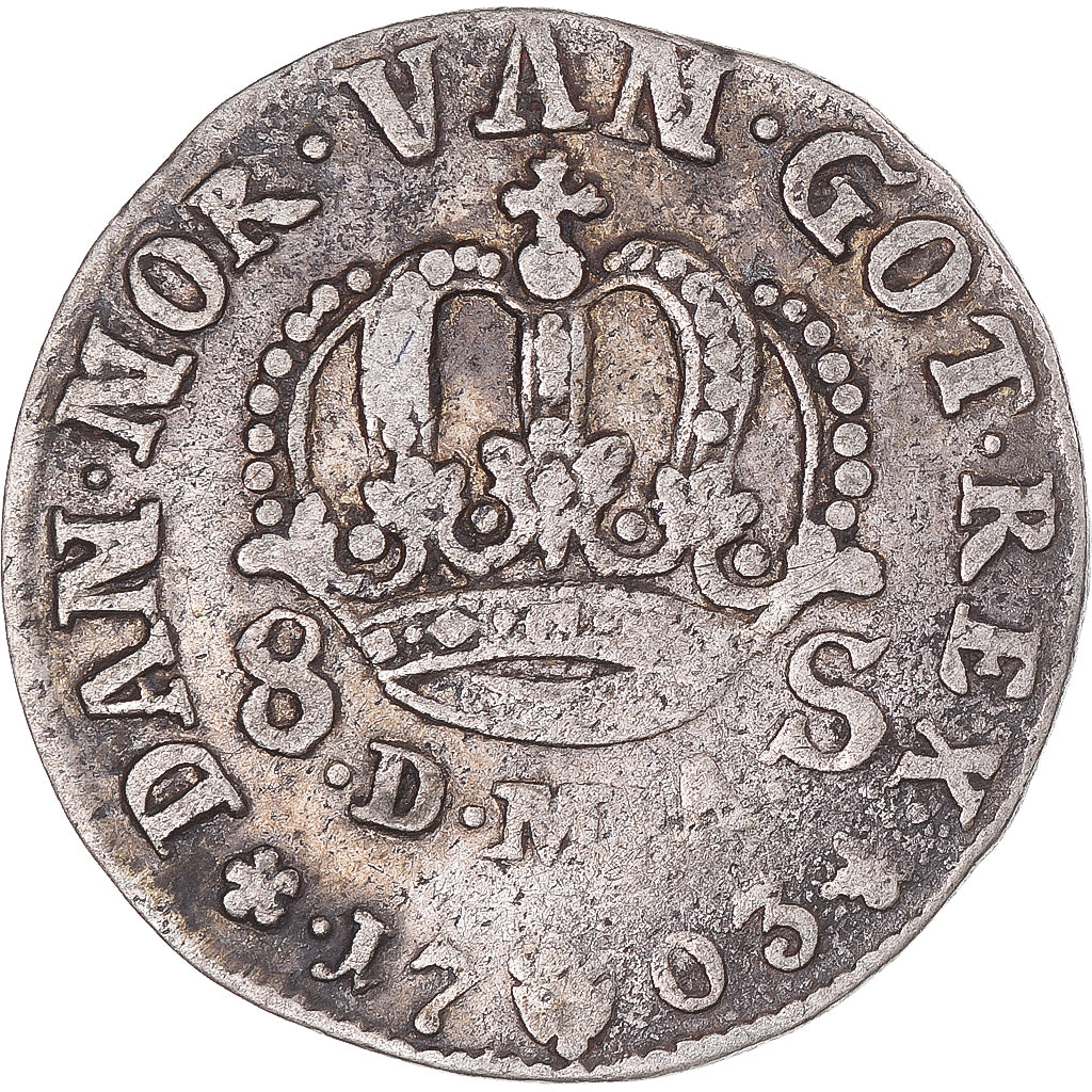Moneta, Danimarca, Frederik IV, 8 Skilling, 1703, Copenhagen, MB+, Argento