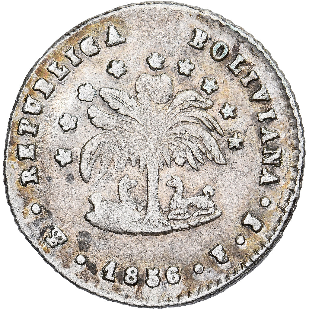 Moneta, Bolivia, 1/2 Sol, 1856, Potosi, MB, Argento, KM:118.2