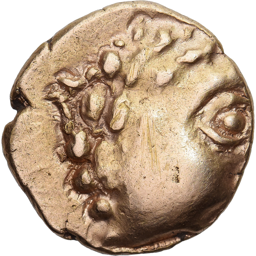 Coin, Aulerci Cenomani, 1/4 statère au cheval androcéphale et au personnage