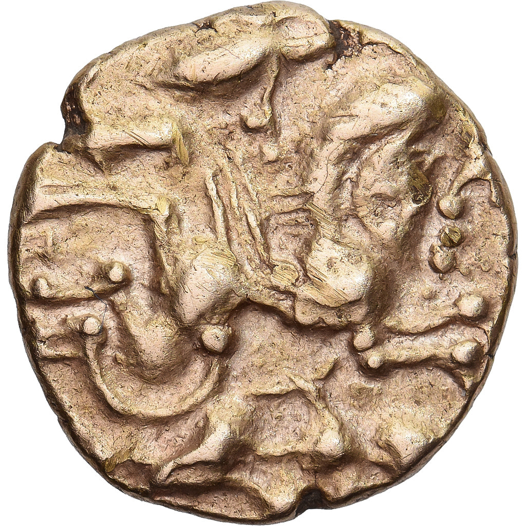 Coin, Aulerci Cenomani, 1/4 statère au cheval androcéphale et au personnage
