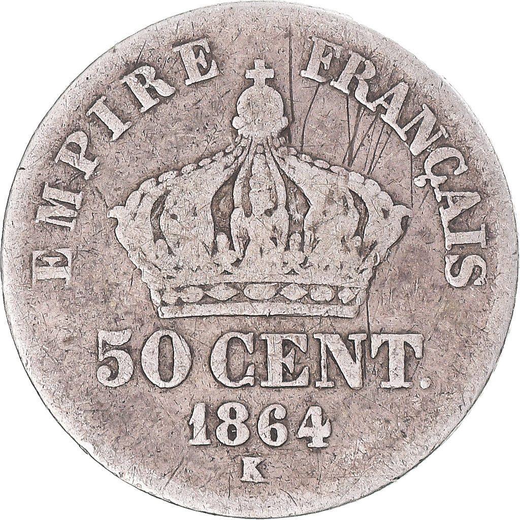 Moneta, Francja, Napoleon III, 50 Centimes, 1864, Bordeaux, VF(30-35), Srebro