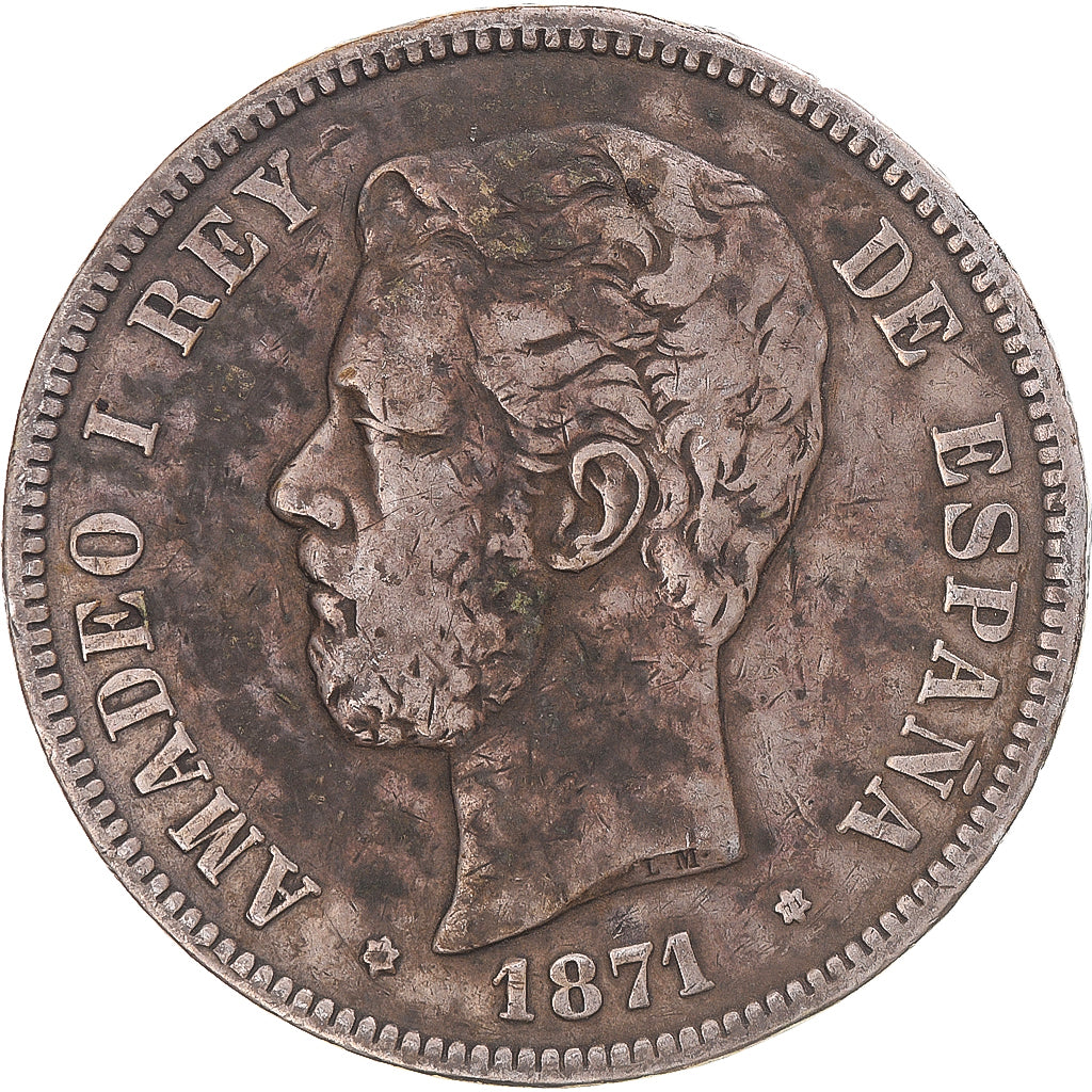 Moneda, España, Amadeao I, 5 Pesetas, 1871, Madrid, BC+, Plata, KM:666