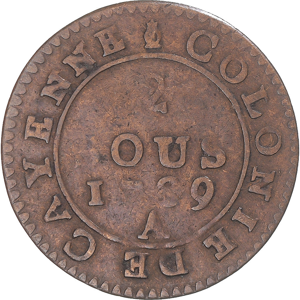 Monnaie, Guyane française, Louis XVI, 2 Sous, 1789, Paris, TB+, Billon, KM:1
