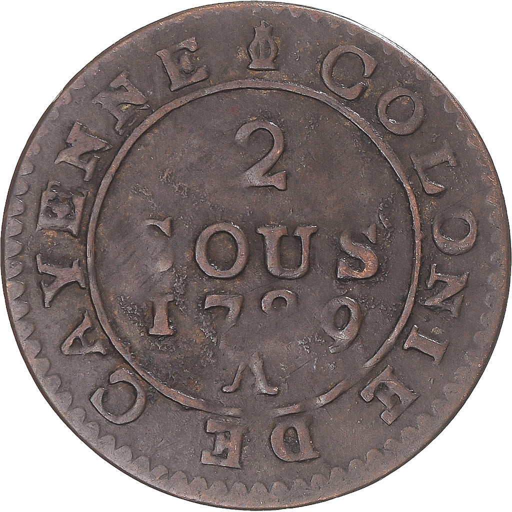 Monnaie, Guyane française, Louis XVI, 2 Sous, 1789, Paris, TB+, Billon, KM:1