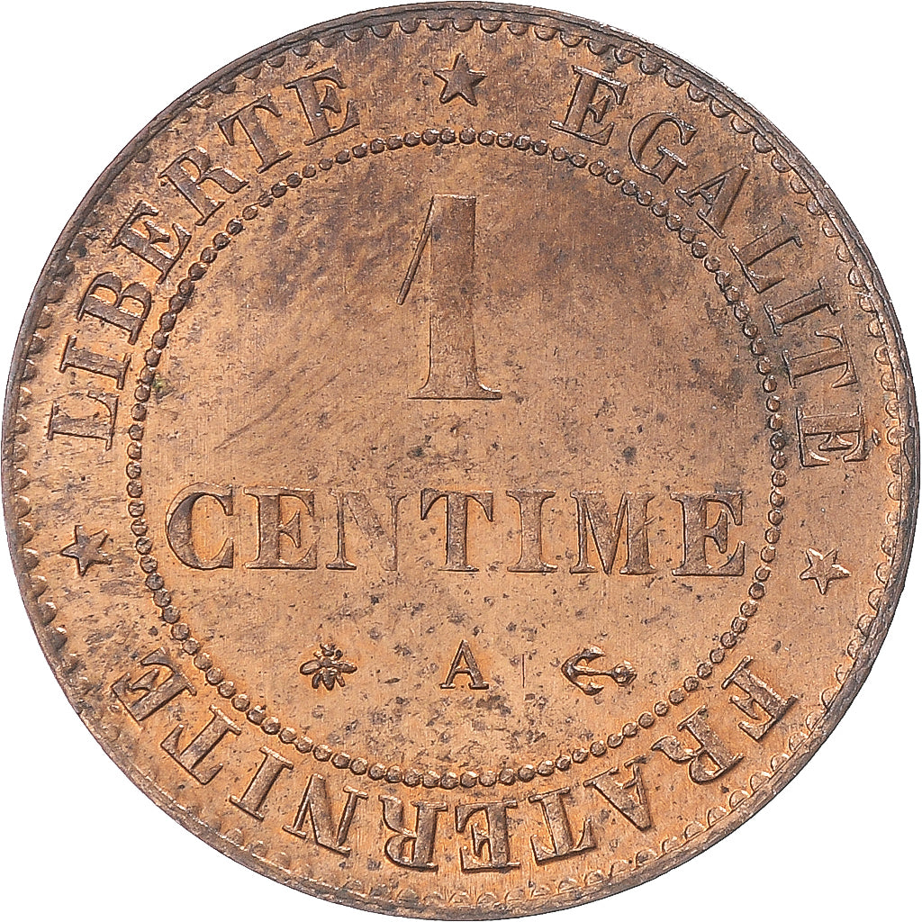 Moeda, França, Cérès, Centime, 1877, Paris, MS(63), Bronze, KM:826.1