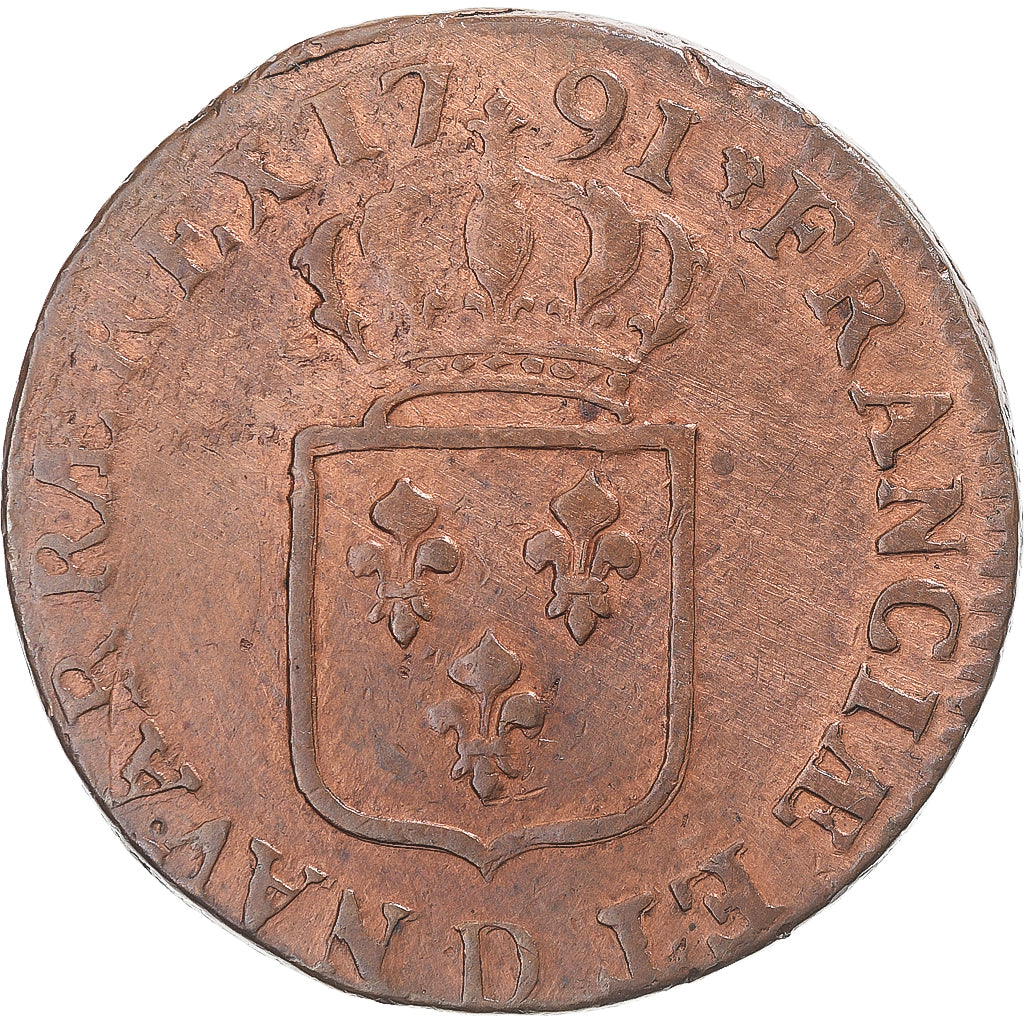 Münze, Frankreich, Louis XVI, Sol, 1791, Lyon, SS, Kupfer, Gadoury:350