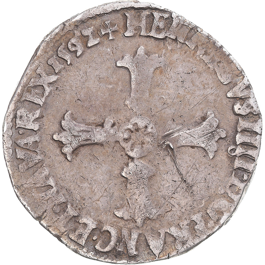 Moeda, França, Henri IV, 1/4 Ecu, 1592, Rennes, VF(30-35), Prata, Gadoury:597
