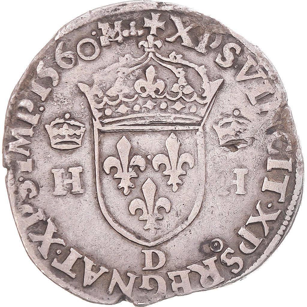 Moeda, França, Henri II, Teston à la tête nue, 1560, Lyon, VF(30-35), Prata
