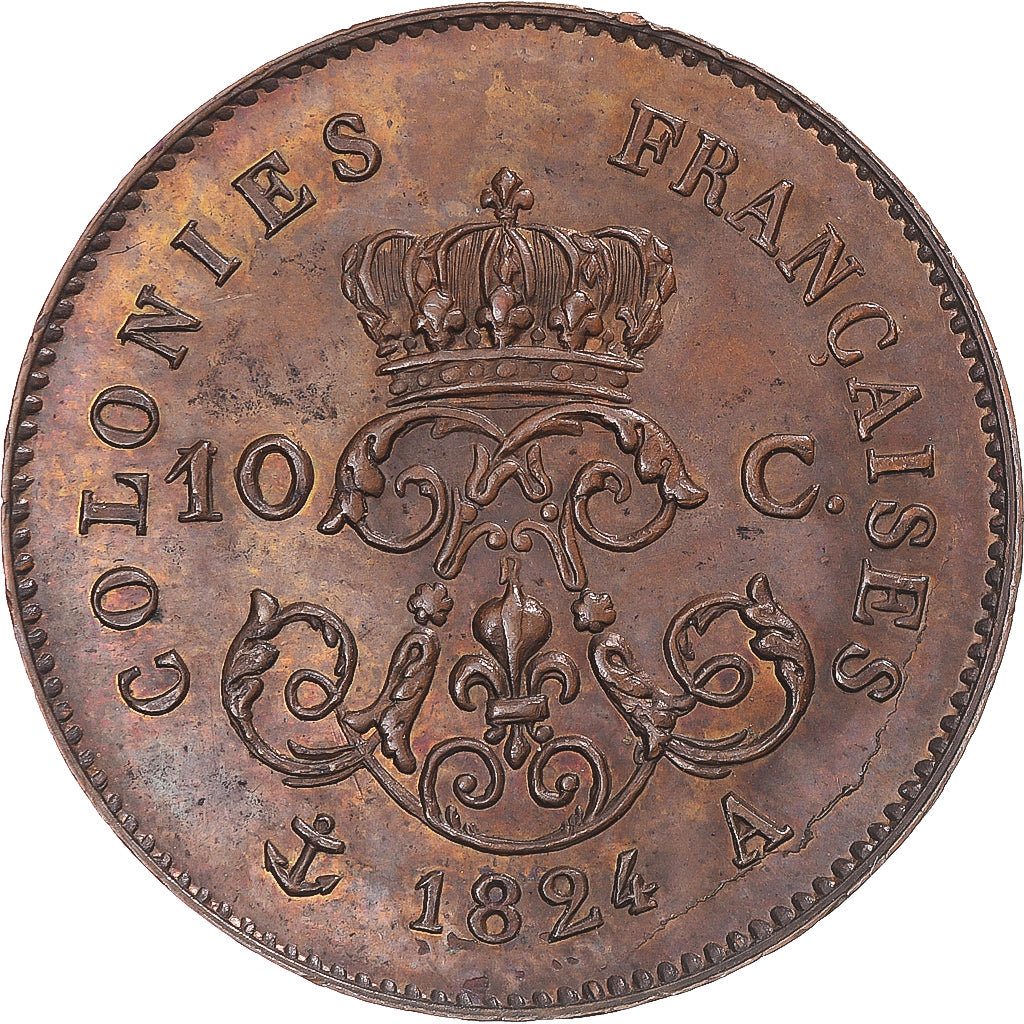 Coin, FRENCH COLONIES, Louis XVIII, 10 Centimes, 1824, Paris, ESSAI, MS(63)