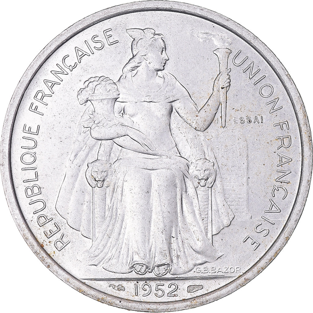 Moneta, OCEANIA FRANCESE, 5 Francs, 1952, Paris, ESSAI, SPL, Alluminio, KM:E10
