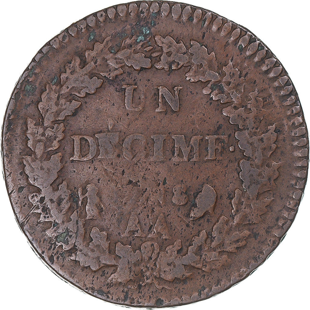 Moneta, Francja, Dupré, Decime, AN 8, Metz, VF(30-35), Brązowy, Gadoury:187a