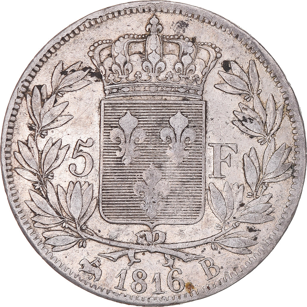 Moneta, Francia, Louis XVIII, 5 Francs, 1816, Rouen, MB+, Argento, KM:711.2