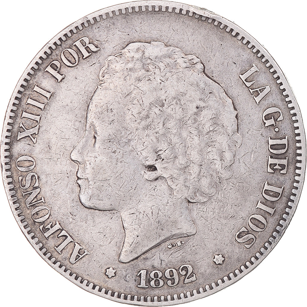 Coin, Spain, Alfonso XIII, 5 Pesetas, 1892, Madrid, VF(30-35), Silver, KM:700