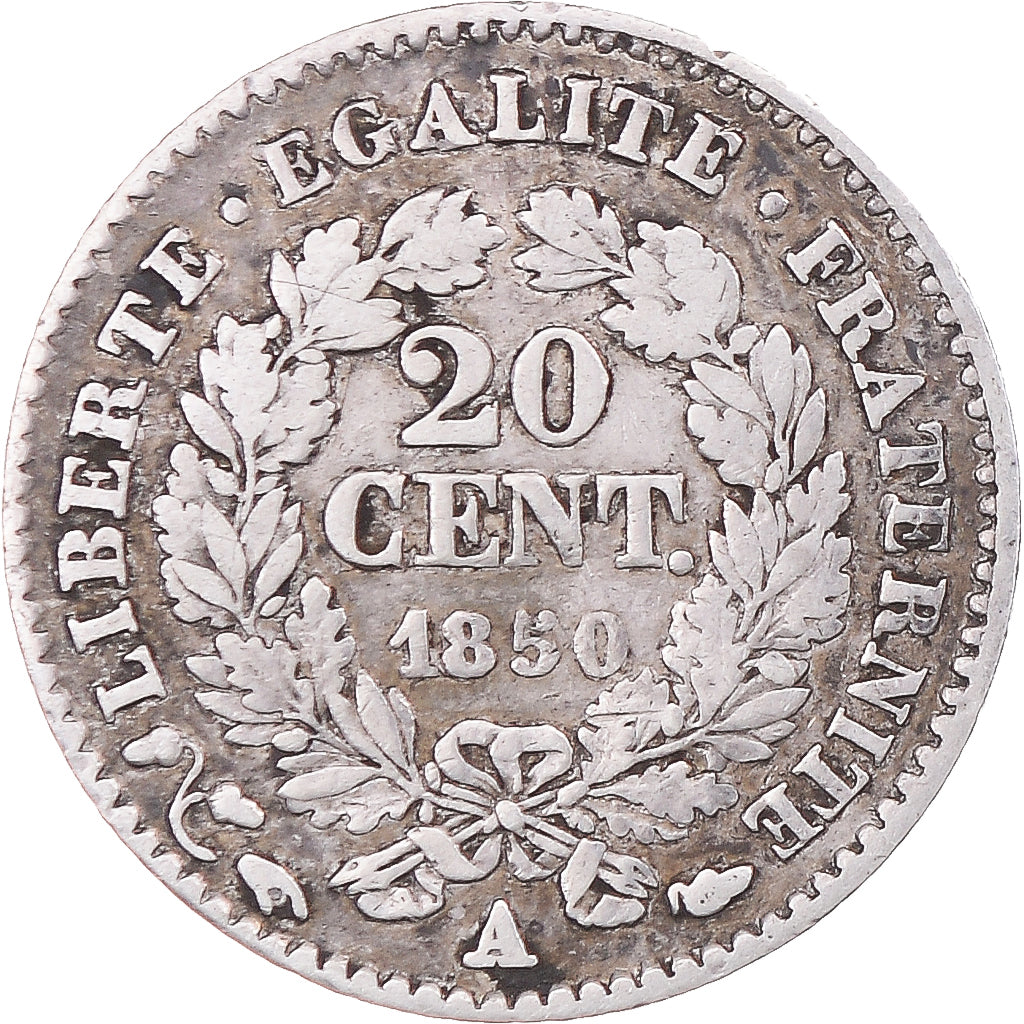 Moneta, Francia, Cérès, 20 Centimes, 1850, Paris, MB+, Argento, KM:758.1