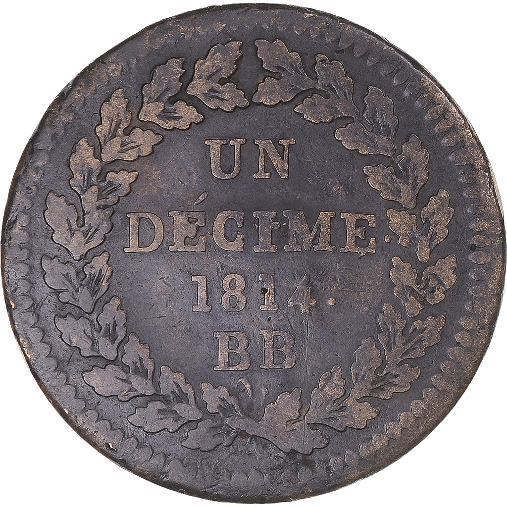 Moneta, Francia, Napoleon I, Decime, 1814, Strasbourg, MB+, Bronzo, KM:700