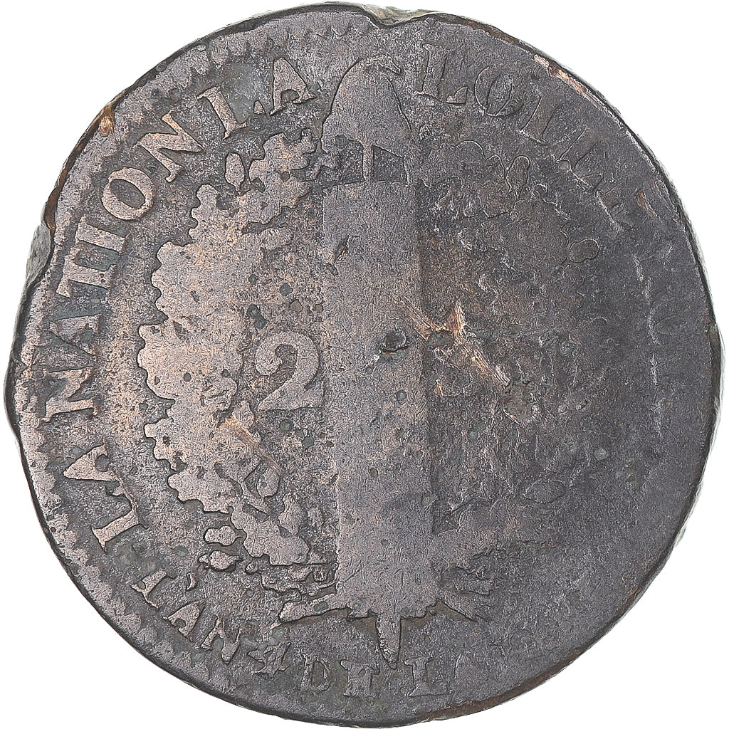 Monnaie, France, Louis XVI, 2 sols François, 1792 / AN 4, Saumur, TB, Bronze