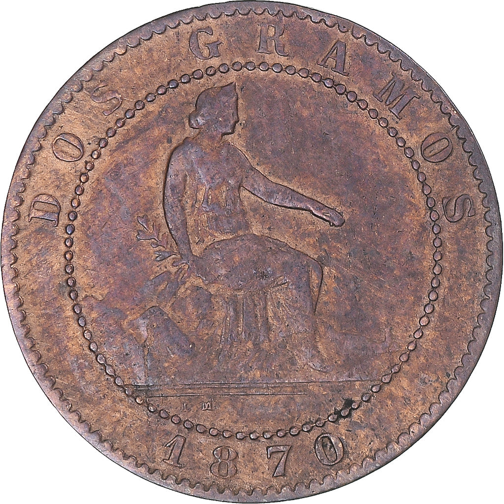 Munten, Spanje, Provisional Government, 2 Centimos, 1870, Barcelona, ZF, Koper