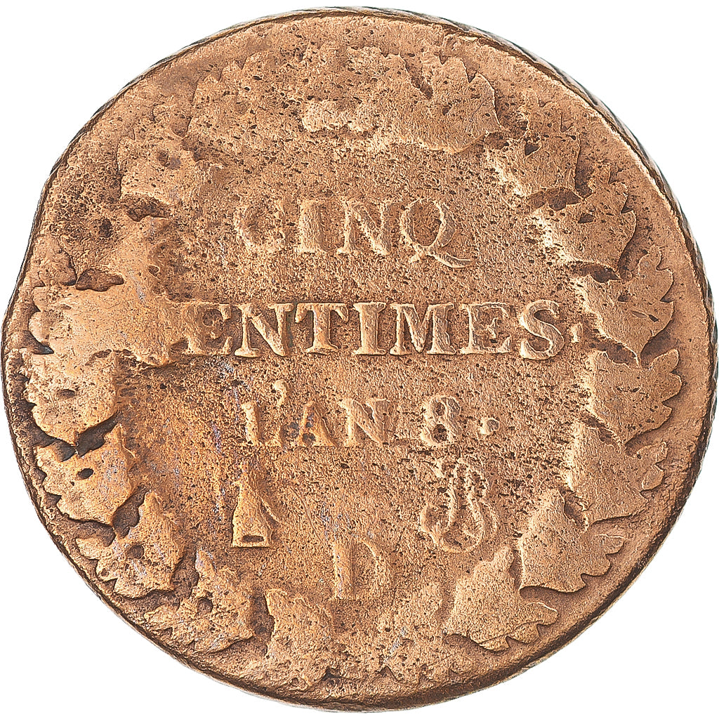 Coin, France, Dupré, 5 Centimes, AN 8, Lyon, VF(30-35), Bronze, KM:640.5