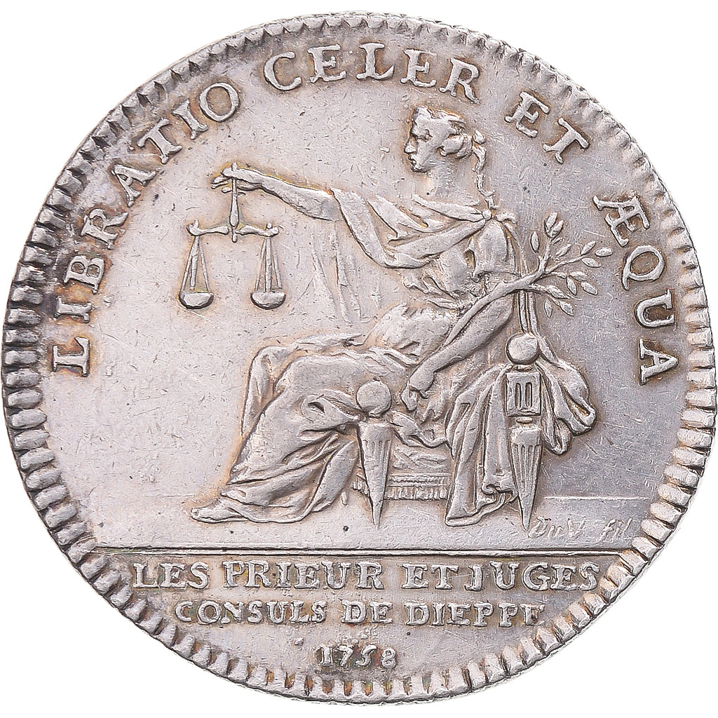Francia, zeton, Louis XV, Chambre de Commerce de Dieppe, 1758, MBC+, Plata