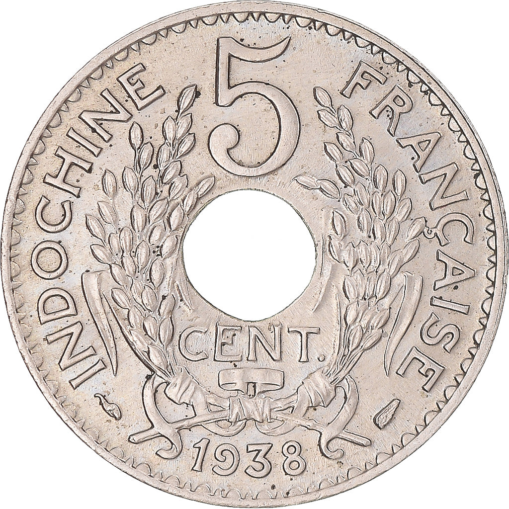 French Indo-China, 5 Cents, 1938, Paris, Copper-nickel, AU(55-58)