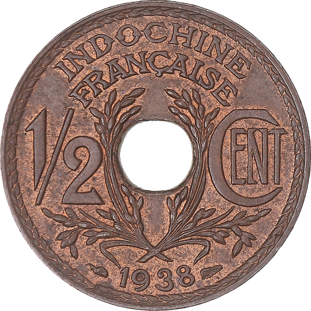 Moneta, FRANCUSKIE INDOCHINY, 1/2 Cent, 1938, Paris, AU(55-58), Brązowy, KM:20