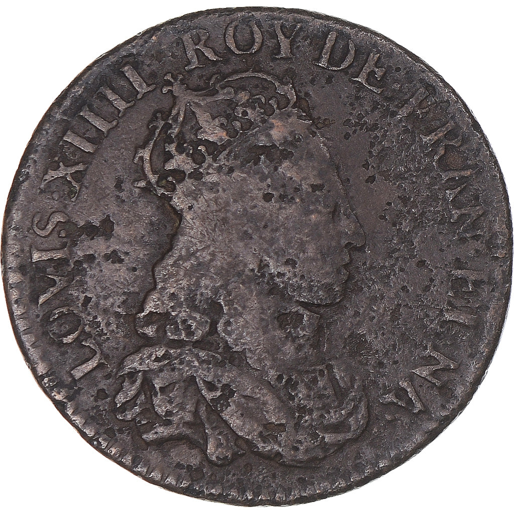 Coin, France, Louis XIV, Liard de France, premier type, 1654, Corbeil