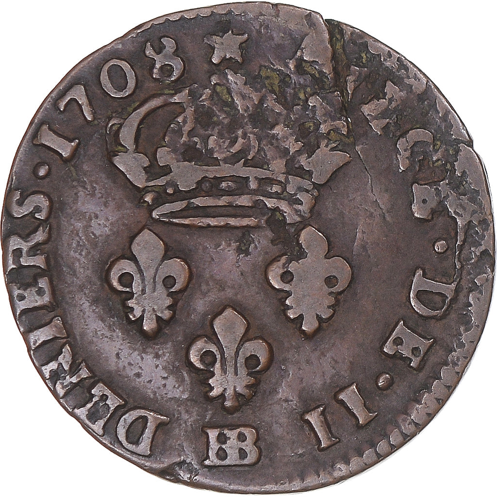 Coin, France, Louis XIV, 2 Deniers, 1708, Strasbourg, VF(20-25), Copper, KM:309