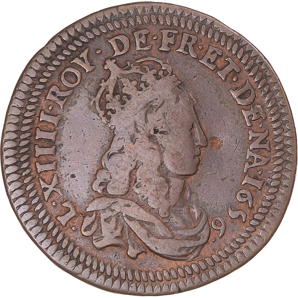 Coin, France, Louis XIV, Liard, 1656, Vimy, var. double grènetis, VF(30-35)