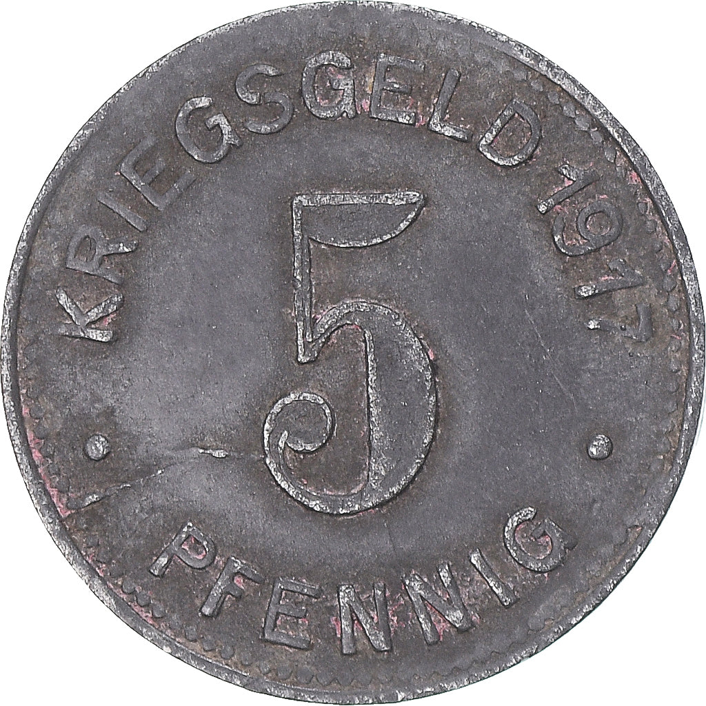 Moneta, Niemcy, Stadt Elberfeld, 5 Pfennig, 1917, Kriegsgeld, EF(40-45), Cynk